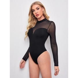 Mock Neck Mesh Yoke Bodysuit