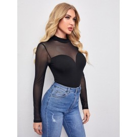 Mock Neck Mesh Yoke Bodysuit