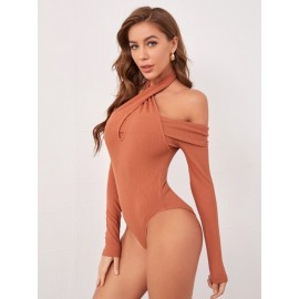 Rib-knit Solid Halter Bodysuit