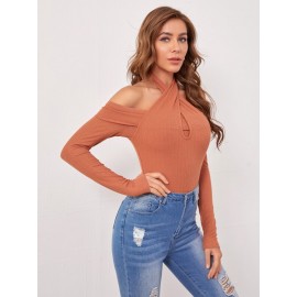 Rib-knit Solid Halter Bodysuit