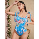 Tied Shoulder Frill Trim Floral Cami Bodysuit