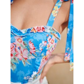 Tied Shoulder Frill Trim Floral Cami Bodysuit