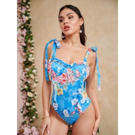 Tied Shoulder Frill Trim Floral Cami Bodysuit