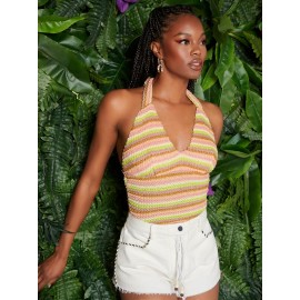 Self Tie Striped Halter Bodysuit