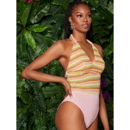 Self Tie Striped Halter Bodysuit