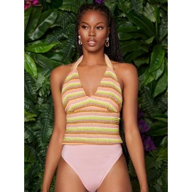 Self Tie Striped Halter Bodysuit