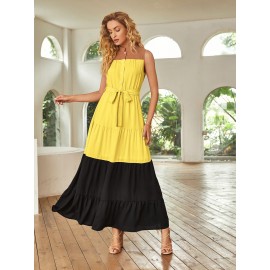 Flippy Hem Belted Color Block Dress