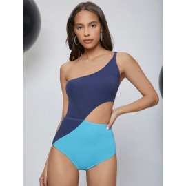 One Shoulder Cutout Detail Colorblock Bodysuit