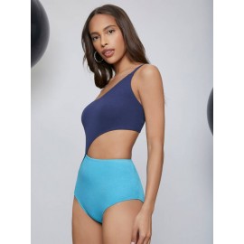 One Shoulder Cutout Detail Colorblock Bodysuit