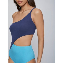 One Shoulder Cutout Detail Colorblock Bodysuit