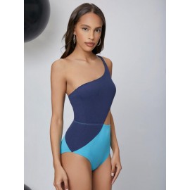 One Shoulder Cutout Detail Colorblock Bodysuit