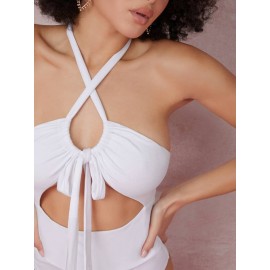 Cutout Self-Tie Halter Bodysuit