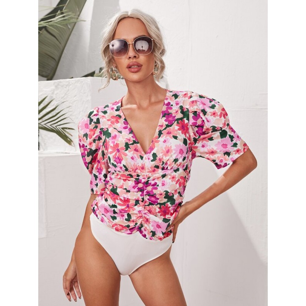 Floral Ruched Puff Sleeve Bodysuit