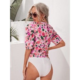 Floral Ruched Puff Sleeve Bodysuit