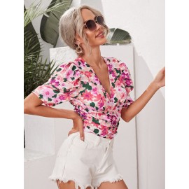 Floral Ruched Puff Sleeve Bodysuit