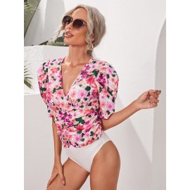 Floral Ruched Puff Sleeve Bodysuit