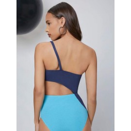 One Shoulder Cutout Detail Colorblock Bodysuit