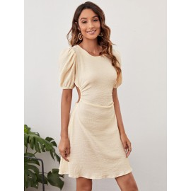 Solid Puff Sleeve Tied Backless Dress