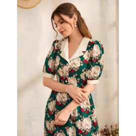 Floral Print Lapel Neck Button Front Puff Sleeve Dress