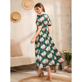 Floral Print Lapel Neck Button Front Puff Sleeve Dress