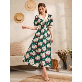 Floral Print Lapel Neck Button Front Puff Sleeve Dress