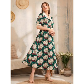 Floral Print Lapel Neck Button Front Puff Sleeve Dress