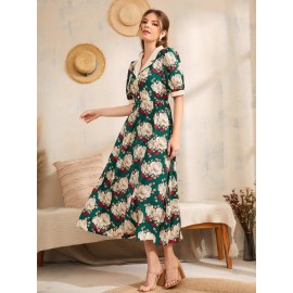 Floral Print Lapel Neck Button Front Puff Sleeve Dress