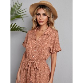 Confetti Print Roll Sleeve Split Hem Belted Shirt Dress