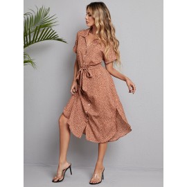 Confetti Print Roll Sleeve Split Hem Belted Shirt Dress