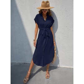 Lapel Collar Roll Up Sleeve Tie Front Dress