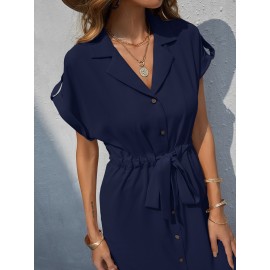 Lapel Collar Roll Up Sleeve Tie Front Dress