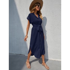 Lapel Collar Roll Up Sleeve Tie Front Dress