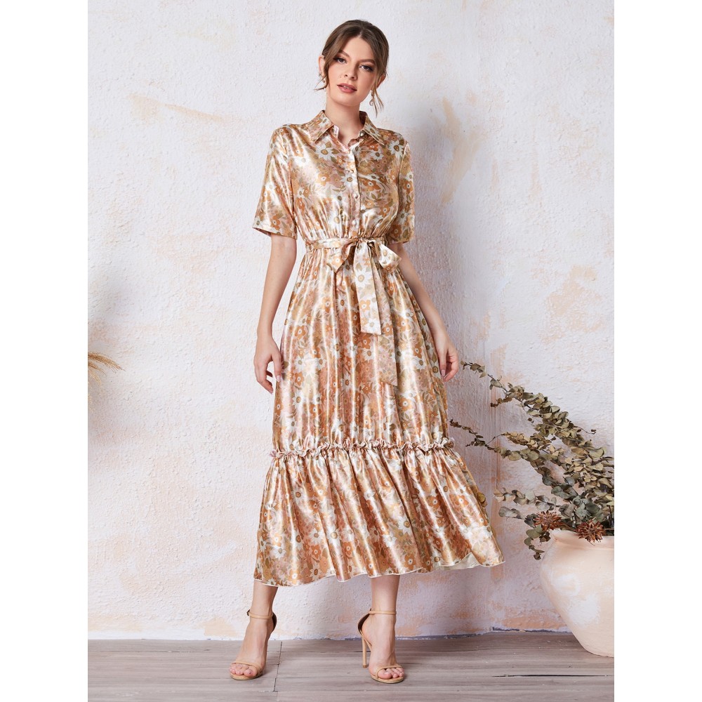 Allover Floral Print Belted Shirt Dress