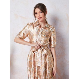 Allover Floral Print Belted Shirt Dress