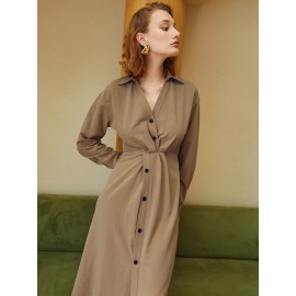 Plicated Button Front Drop Shoulder Shirt Dress