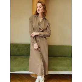 Plicated Button Front Drop Shoulder Shirt Dress