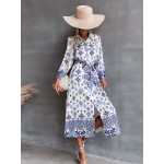 Allover Print Button Up Belted Shirt Dress