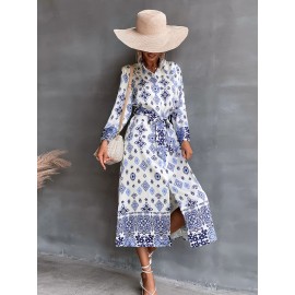 Allover Print Button Up Belted Shirt Dress