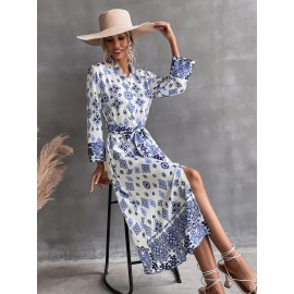 Allover Print Button Up Belted Shirt Dress