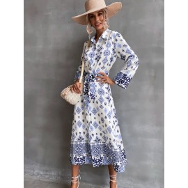 Allover Print Button Up Belted Shirt Dress