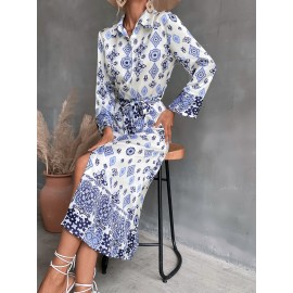 Allover Print Button Up Belted Shirt Dress