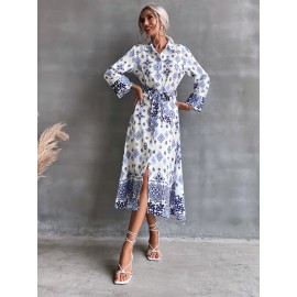 Allover Print Button Up Belted Shirt Dress