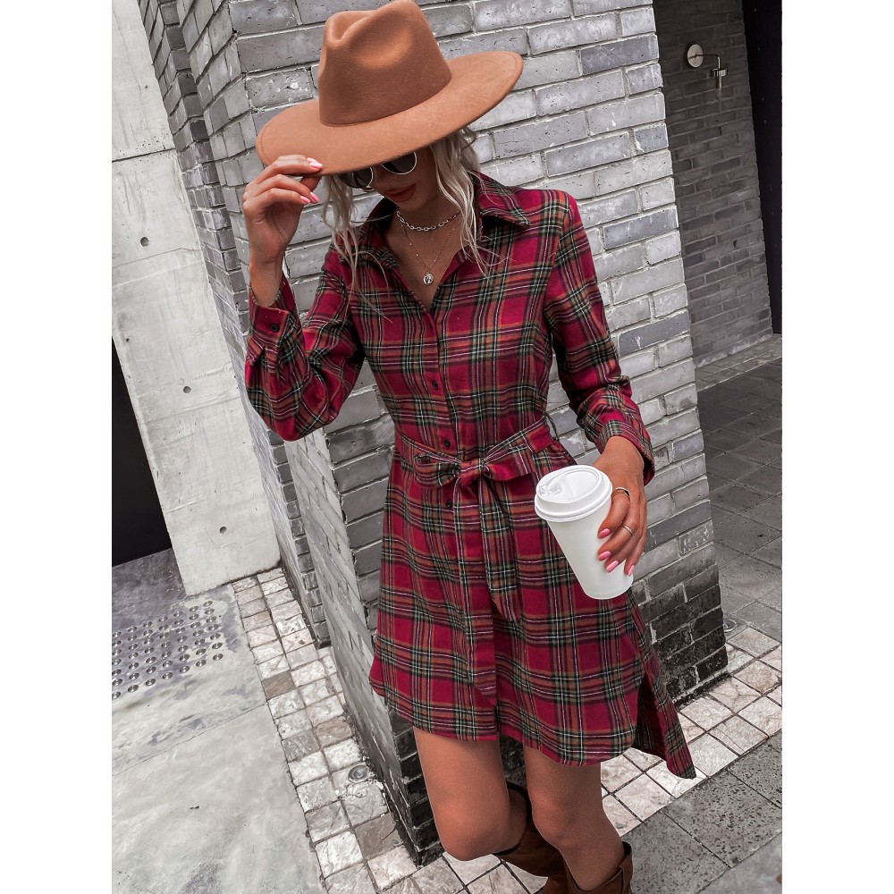 Plaid High Low Hem Button Up Belted Shirt Dress