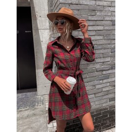 Plaid High Low Hem Button Up Belted Shirt Dress