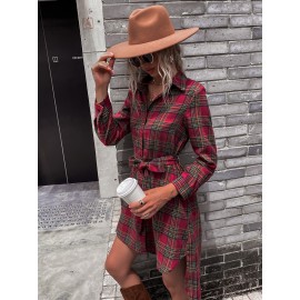 Plaid High Low Hem Button Up Belted Shirt Dress