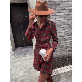 Plaid High Low Hem Button Up Belted Shirt Dress