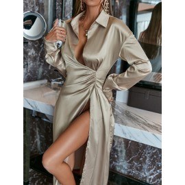 Drop Shoulder Ruched Side Satin Shirt Dress