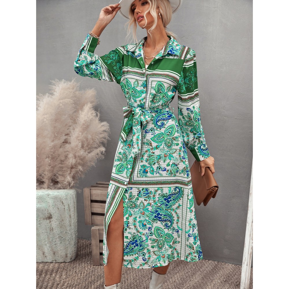 Floral & Paisley Print Belted Shirt Dress