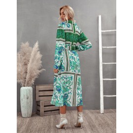 Floral & Paisley Print Belted Shirt Dress