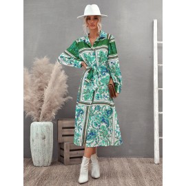 Floral & Paisley Print Belted Shirt Dress